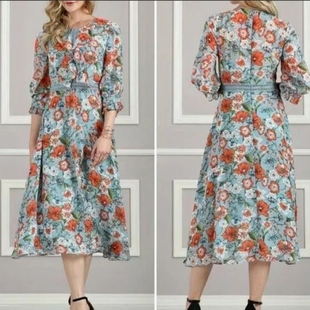Suzanne Betro Blue ‎ Orange Floral Ruffle-Trim Midi Dress Woven Chiffon Sz S NEW